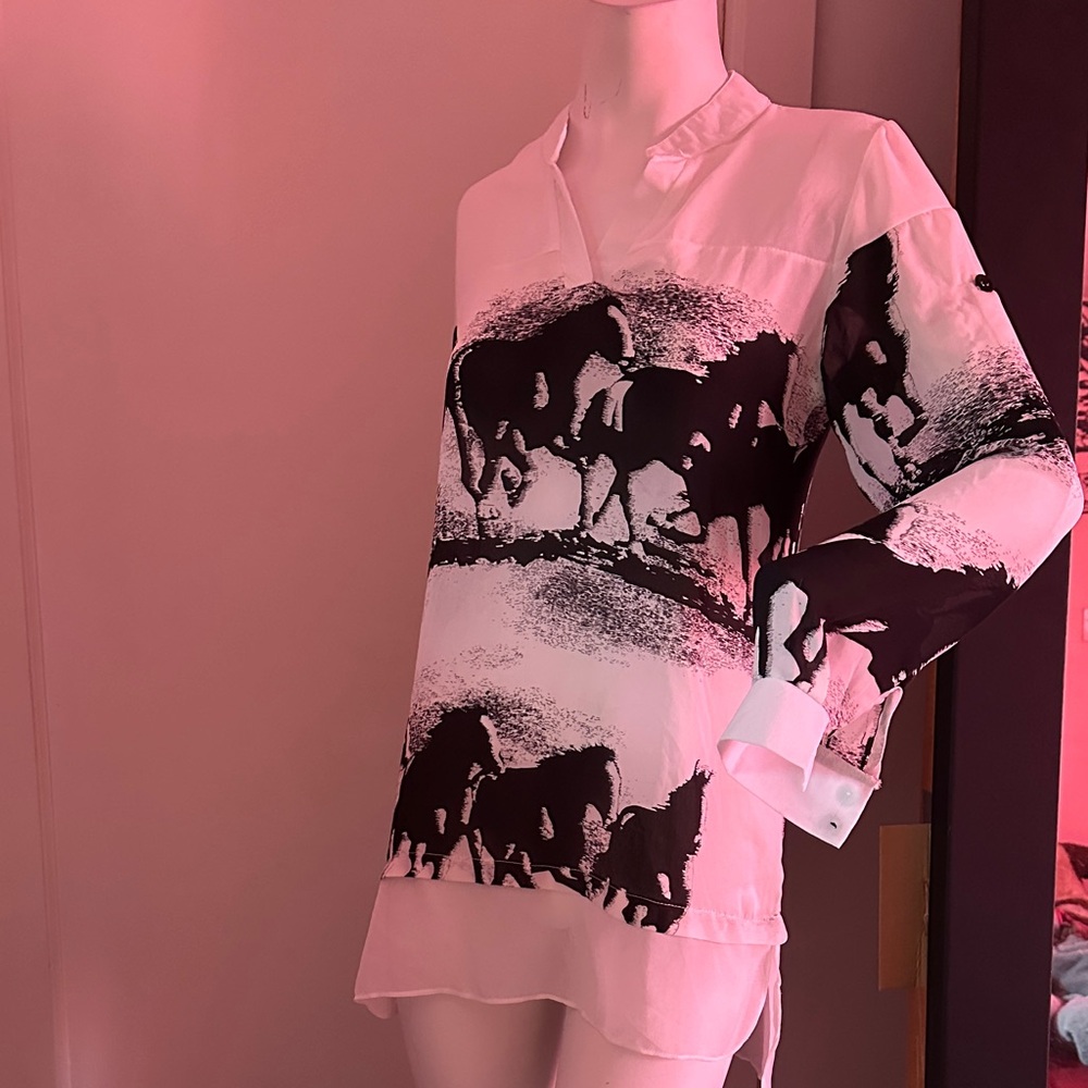 Black and White Horse Print Blouse tunic top shirt chiffon